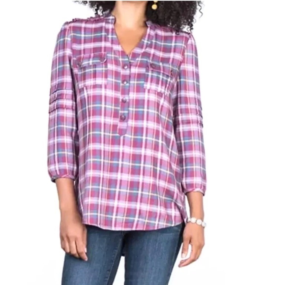 MATILDA JANE Purple/Multi ALL DAY MILLIE PLAID Ruffle Trim POPOVER/BLOUSE Sz XXL